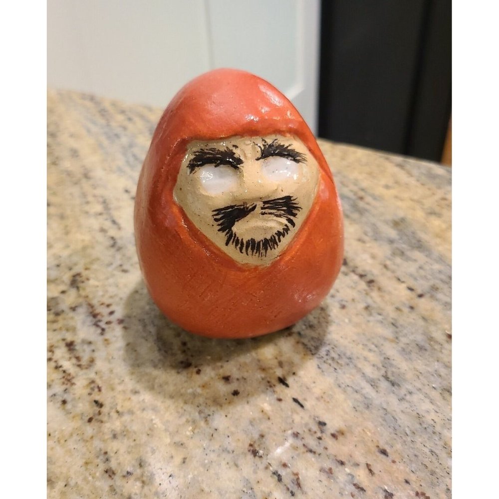 Daruma Japanese Orange Clay Man Figure Lucky Charm Mustache White Eyes